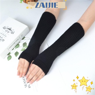 Zaijie24 ถุงมือครึ่งนิ้ว แบบถัก ให้ความอบอุ่น สีพื้น แฟชั่นฤดูหนาว