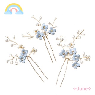 June กิ๊บติดผม รูปตัว U ประดับมุก พลอยเทียม ดอกไม้ เครื่องประดับ สําหรับเจ้าสาว งานแต่งงาน 3 ชิ้น ต่อชุด