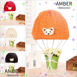 Amber หมวกผ้าฝ้าย ลายการ์ตูนหมี สีพื้น สําหรับเด็กทารกแรกเกิด