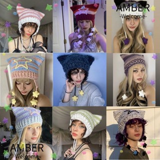 Amber หมวกบีนนี่ ผ้าถัก ลายทางหูแมว หลากสี เหมาะกับฤดูร้อน ฤดูใบไม้ผลิ ฤดูใบไม้ร่วง ฤดูหนาว สําหรับผู้หญิง Y2K