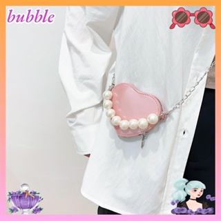 Bubble กระเป๋าสะพายไหล่ สายโซ่ ประดับไข่มุก รูปหัวใจ แบบพกพา สีพื้น สําหรับผู้หญิง