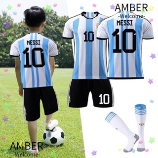 Amber เสื้อกีฬาฟุตบอล โพลีเอสเตอร์ ระบายอากาศได้ดี No.10 สําหรับเด็ก 3 ชิ้น