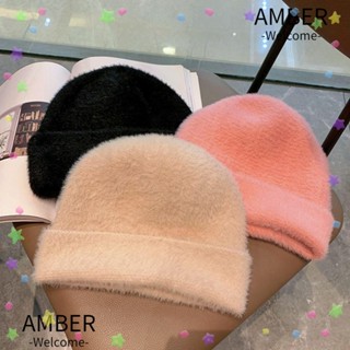 Amber หมวกบีนนี่ถัก ผ้ากํามะหยี่ขนนิ่ม สีพื้น สําหรับผู้หญิง