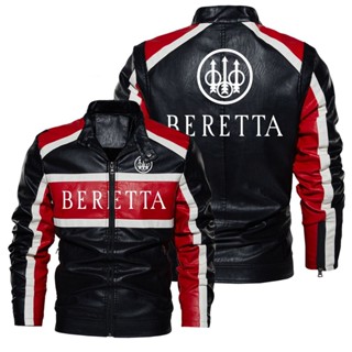 เสื้อแจ็กเก็ตหนัง แขนยาว กันลม กันฝน ลายโลโก้ Beretta แบบบาง