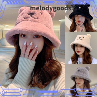 Melodygoods1 หมวกบักเก็ต แต่งขนเฟอร์ หูหมีน่ารัก ฤดูใบไม้ร่วง ฤดูหนาว หมวกอ่างล้างหน้า แบบหนา