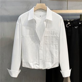 เสื้อเชิ้ต คอปกตั้ง ลายทาง สีพื้น สําหรับผู้ชาย