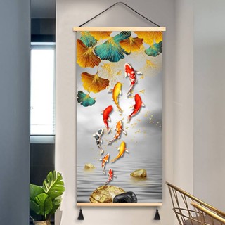 Hot Sale# Chinese canvas decorative hanging painting for entrance entrance entrance nine fish figure punch-free solid wood hanging curtain mural corridor meter box 8.18Li