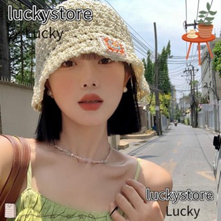 Lucky หมวกฟางถักโครเชต์ ทรงบักเก็ต ฉลากกลวง ระบายอากาศ แฟชั่น สําหรับตกปลากลางแจ้ง