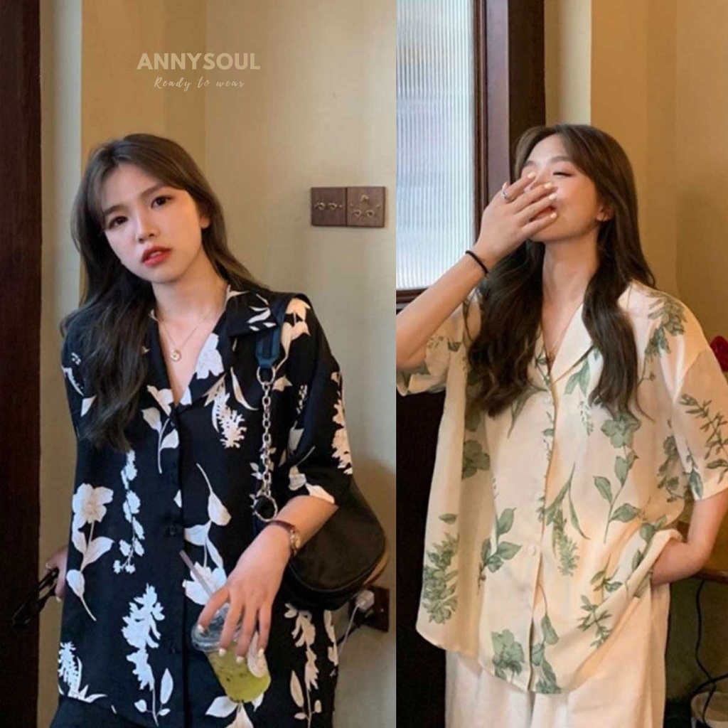 พร้อมส่ง เสื้อเชิ้ตคอกระดุมแฟชั่น เสื้อเชิ้ตคอปกลายดอกไม้สีธรรมชาติ