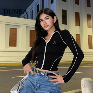 Dunea เสื้อยืดลําลอง แขนยาว คอกลม มีซิป พิมพ์ลายตัวอักษร สําหรับผู้หญิง