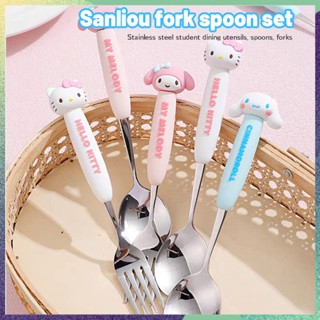 Kawaii Sanrio ชุดช้อนส้อม สเตนเลส 304 ลายการ์ตูน Hello Kitty Cinnamoroll น่ารัก แบบพกพา สําหรับเด็กผู้หญิง