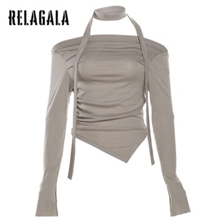 Relagala ใหม่ เสื้อยืดลําลอง แขนยาว เปิดไหล่ เข้ารูป สีพื้น แฟชั่นสําหรับสตรี 2023