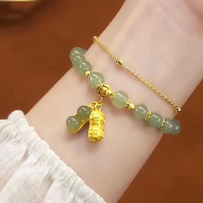 สร้อยข้อมือ กําไลข้อมือ หินหยกเทียม นําโชค สีทอง ใบถั่วลิสง สีเขียว สไตล์วินเทจ หรูหรา สองชั้น เครื่องประดับ สําหรับผู้หญิง