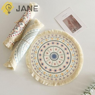 Jane เสื่อปูโต๊ะ ผ้าฝ้ายถัก ทรงกลม สีเบจ สไตล์โบฮีเมียน โมเดิร์น 34 ซม. 13.39 นิ้ว สําหรับตกแต่งห้องรับประทานอาหาร