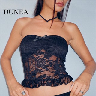 Dunea เสื้อครอป เปิดไหล่ ลูกไม้ แฟชั่นฤดูร้อน สําหรับผู้หญิง 0627