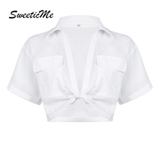 Sweeticme ใหม่ เสื้อครอป คอปก ผูกปม สีพื้น เข้ารูป แฟชั่นสําหรับผู้หญิง 2023