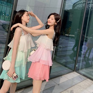 ชุดเดรสกระโปรง แขนกุด ผ้าชีฟอง ไล่โทนสี สีชมพู แฟชั่นฤดูร้อน สไตล์เกาหลี สําหรับสตรี