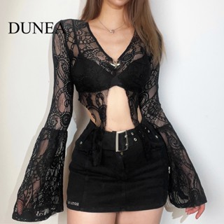 Dunea เสื้อยืดซีทรู ลูกไม้ กลวง เซ็กซี่ สําหรับผู้หญิง