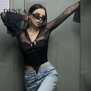 Dunea เสื้อสายเดี่ยว คอวี แขนยาว เซ็กซี่ สําหรับผู้หญิง 2 ชิ้น
