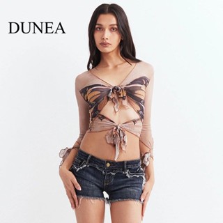 Dunea เสื้อยืด แขนยาว พิมพ์ลายผีเสื้อ ผูกปม แต่งระบาย เซ็กซี่ สําหรับผู้หญิง