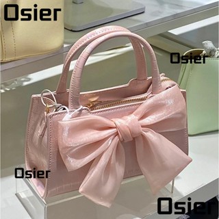 Osier1 กระเป๋าถือ กระเป๋าคลัทช์ หนัง PU ประดับโบว์ สีชมพู น่ารัก มีซิป สําหรับผู้หญิง