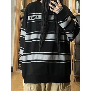 8174# Striped color contrast stitching loose long-sleeved sweater Womens early autumn new casual long-sleeved sweater