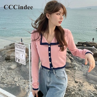 Cccindee เสื้อคาร์ดิแกนแขนยาว คอวี สีตัดกัน เข้ากับทุกการแต่งกาย แฟชั่นสําหรับผู้หญิง 2023