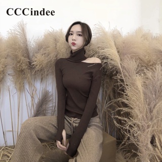 Cccindee ใหม่ เสื้อกันหนาวลําลอง แขนยาว คอสูง แต่งรูกลวง สีพื้น แฟชั่นสําหรับสตรี 2023