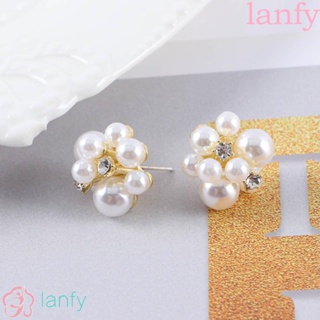 Lanfy ต่างหูสตั๊ด ประดับมุก สีพื้น แฟชั่นสไตล์เกาหลี