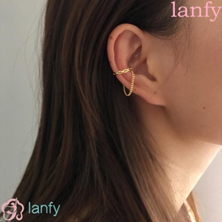 Lanfy ต่างหู คลิปออน ผู้หญิง ของขวัญ โซ่ คริสตัล ดาว สองชั้น ชุบทอง ไม่ต้องเจาะ