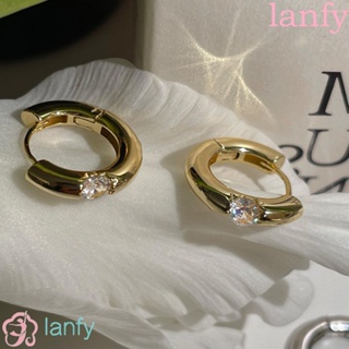 Lanfy ต่างหูห่วงโลหะ เงิน ทรงกลม ประดับเพทาย เครื่องประดับแฟชั่น สําหรับผู้หญิง