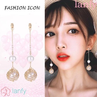 Lanfy ต่างหูคริสตัล ทรงกลม ทรงเรขาคณิต ดอกไม้ สไตล์เกาหลี หวานแหวว เครื่องประดับแฟชั่น สําหรับผู้หญิง