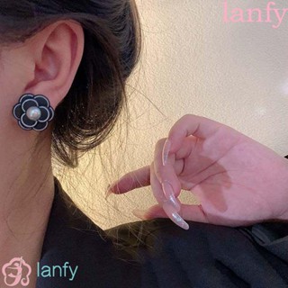 Lanfy ต่างหูเข็มเงิน 925 รูปดอกคามิเลีย ประดับมุก เครื่องประดับแฟชั่น สําหรับผู้หญิง