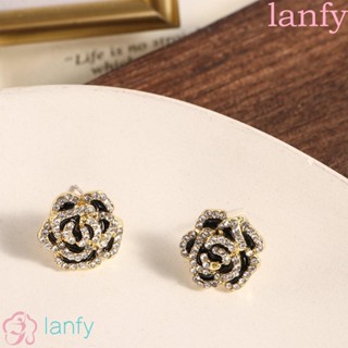 Lanfy ต่างหูแฟชั่น รูปดอกคามิเลีย ประดับพลอยเทียม สีดํา สไตล์ฝรั่งเศส เรโทร