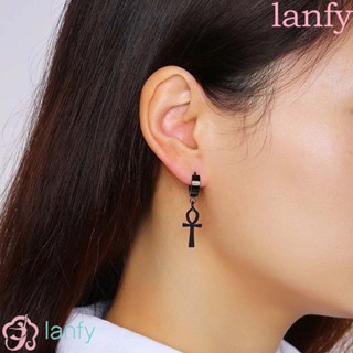 Lanfy ต่างหูห่วงเหล็กไทเทเนียม ทรงเรขาคณิต ประดับพู่ เครื่องประดับแฟชั่นผู้ชาย