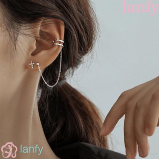 Lanfy ต่างหูโซ่ จี้ไม้กางเขน ประดับพู่ สร้างสรรค์ สําหรับผู้หญิง