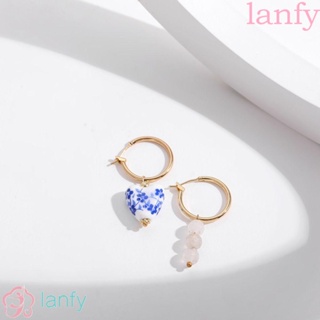 Lanfy ต่างหูห่วง เซรามิค รูปหัวใจ สีฟ้า และสีขาว ไม่สมมาตร เครื่องประดับสตรี