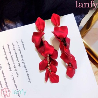 Lanfy ต่างหูระย้า ห้อยพู่ยาว อะคริลิคเรซิ่น รูปดอกกุหลาบ สีแดง เครื่องประดับสําหรับผู้หญิง