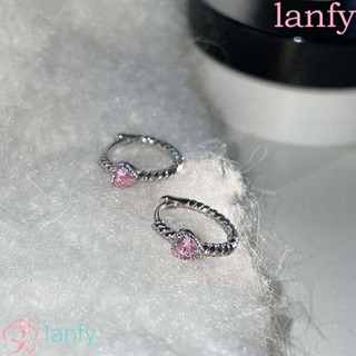Lanfy ต่างหูห่วง หัวใจ สีชมพู แวววาว ของขวัญ สไตล์เกาหลี สําหรับผู้หญิง