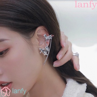 Lanfy ต่างหูแบบหนีบ รูปหัวใจ ประดับพู่ สไตล์เกาหลี เครื่องประดับแฟชั่น สําหรับผู้หญิง