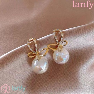 Lanfy ต่างหูสตั๊ด ประดับไข่มุก เพชรไขว้ เรียบง่าย ของขวัญ สําหรับผู้หญิง