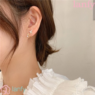 Lanfy ต่างหูสตั๊ด เข็มเงิน 925 รูปผีเสื้อ ประดับพลอยเทียม เครื่องประดับแฟชั่น สไตล์เกาหลี