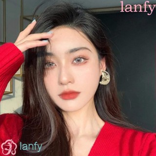 Lanfy ต่างหูห่วง ทรงกลม โลหะ ทรงเรขาคณิต สีเงิน เครื่องประดับแฟชั่น สําหรับผู้หญิง