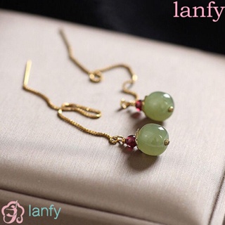 Lanfy ต่างหู ประดับลูกปัดหยก ทรงเรขาคณิต สไตล์ฝรั่งเศส วินเทจ โบราณ เครื่องประดับ สําหรับผู้หญิง