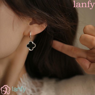 Lanfy ต่างหูห่วง จี้รูปดอกไม้ ใบโคลเวอร์สี่แฉก ประดับเพทาย สไตล์วินเทจ สําหรับผู้หญิง