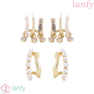 Lanfy ต่างหูห่วง รูปตัว C ประดับพลอยเทียม เครื่องประดับแฟชั่นสตรี