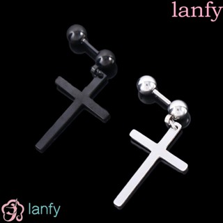 Lanfy ต่างหูห่วงไม้กางเขน สเตนเลส ประดับเพทาย เท่ สไตล์เกาหลี เครื่องประดับแฟชั่น สําหรับผู้หญิง