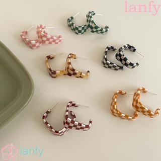 Lanfy ต่างหูห่วงอะคริลิค รูปตัว C ลายสก๊อต สีดํา สีขาว สไตล์วินเทจ