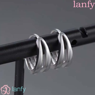 Lanfy ต่างหูห่วง ทรงกลม หลายชั้น ทรงเรขาคณิต คุณภาพสูง สไตล์ฮิปฮอป สําหรับผู้ชาย