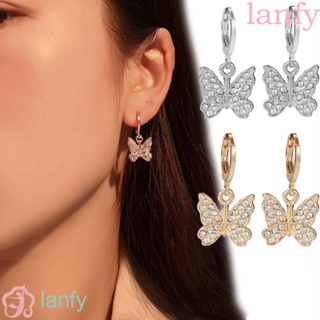 Lanfy ต่างหูห่วงผีเสื้อ ใหม่ หวานแหวว เครื่องประดับแฟชั่น ทรงเรขาคณิต ประดับพลอยเทียม ต่างหูสตั๊ด